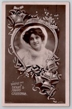 RPPC Pretty Woman Christmas Greetings Horseshoe and Bells c1915 Postcard G28 - £7.82 GBP