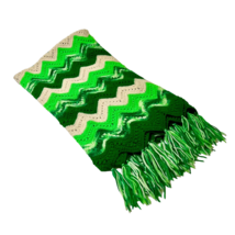 Afghan Throw Blanket Hand Knit 1970&#39;s Chevron Pattern Green Beige Boho 64W x 68L - £23.56 GBP