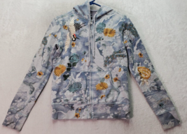 Lucky Brand Hoodie Women&#39;s XS Blue Gray Embroidered Floral Full Zip Drawstring - £116.67 GBP