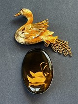 Lot of Goldtone Swan w Chain Dangles &amp; Oval Plastic Two Swimming Swans Pin Brooc - £11.68 GBP