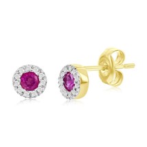 14K Yellow Gold, 3mm Round Ruby (0.32ct) &amp; Diamond Studs - (22 Stones) - £390.06 GBP