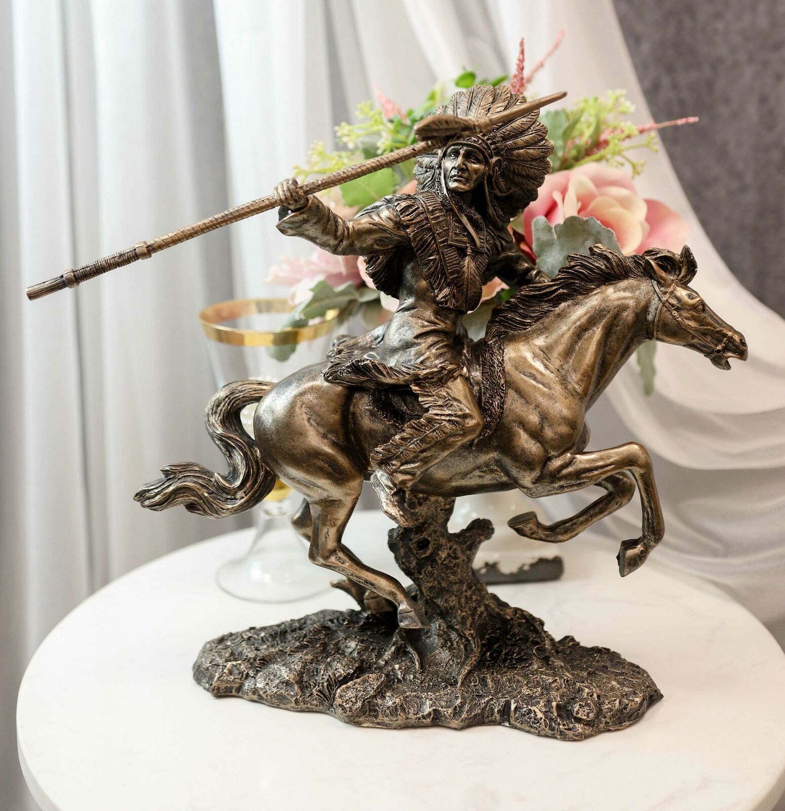 Ebros Western American Indian Warrior Riding Horse with Spear 13 " Tall