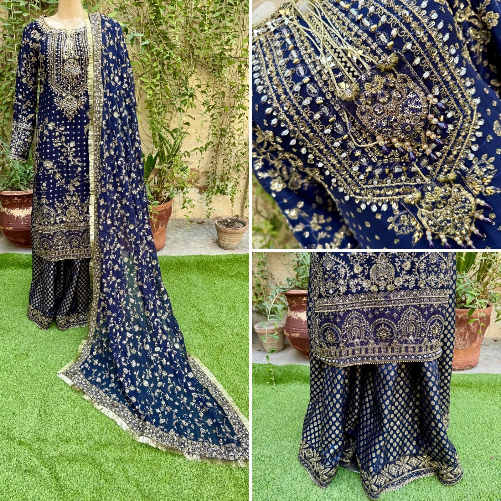 Pakistani Navy Blue Straight Style Embroidered Sequins Chiffon Sharara D... - $167.31