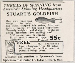 1952 Print Ad Stuart&#39;s Goldfish Spinning Design Fishing Lures Indian Orchard,MA - £6.38 GBP