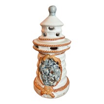 Vintage Lighthouse Tealight Glazed Ceramic Candle Holder Blue Seashell 7.5&quot; - £11.73 GBP