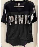 VS PINK XS Bling Gray Black V Neck Tee - $14.00