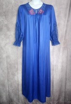 Blue Silky Lace Nylon Nightgown Long Embroidery Long Sleeves Large Lorraine - $34.99