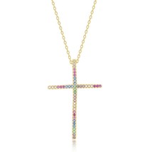 Sterling Silver Rainbow CZ Cross Pendant W/Chain - Gold Plated - £41.89 GBP