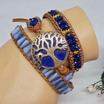 Tree of Life Lapis Lazuli Blue Crystal Glass Beaded Beige Leather Wrap Bracelet - £13.51 GBP