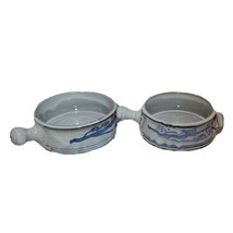 Set 2 Tree of Life Asian Pottery Soup Bowl With Handles Salt Glaze Blue Signed - £27.63 GBP