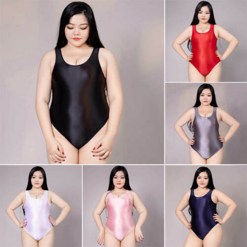 Primary image for Plus Size Women Satin High Cut Leotard Bodysuit Shiny Wet Look Swimwear Bathsuit
