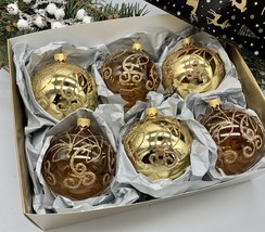 Set of gold and brown Christmas glass balls, hand painted ornaments with... - £56.77 GBP