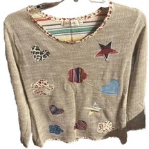 Dayou Woven Sweater Long Sleeve Top Jumper Sz L Embroidered Flowers Hear... - $94.99 MXN
