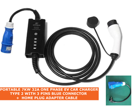 Portable Ev Car Charger 7kw 32A one phase + home adapter for Electric Ve... - £219.60 GBP