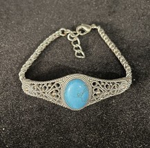 Canyon Sky Southwest Inspired Bracelet Intricate Silver Tone w/ Oval Turquoise - £6.41 GBP