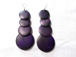 4 Tier DARK PURPLE Color Bohemian Wooden Rounds Graduating 4&quot; Pair Earrings - £5.25 GBP