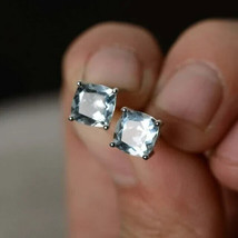 2Ct Cushion Simulated Aquamarine Solitaire Stud Earrings 14K White Gold Plated - £25.99 GBP