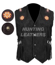 Men&#39;s Western Wear Cowboy Black Suede Leather Beaded Vest Handmade Fring... - $65.53+