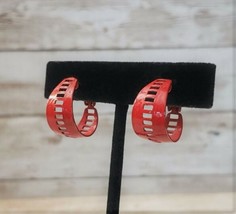 Vintage Clip On Earrings Red Hoops with Rectangle Cut Outs - $9.99
