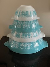 Vintage Pyrex Amish Blue Turquoise and White Mixing Bowls 441; 442; 443; and 444 - $395.01