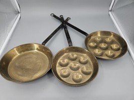 2 Vintage Antique Solid Brass Escargot or Egg  Poacher Pans  18.5&quot; and Fry Pan - £51.93 GBP