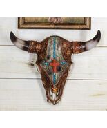 Western Turquoise Red Gems Cross Faux Leather And Wood Look Cow Skull Wa... - $44.99