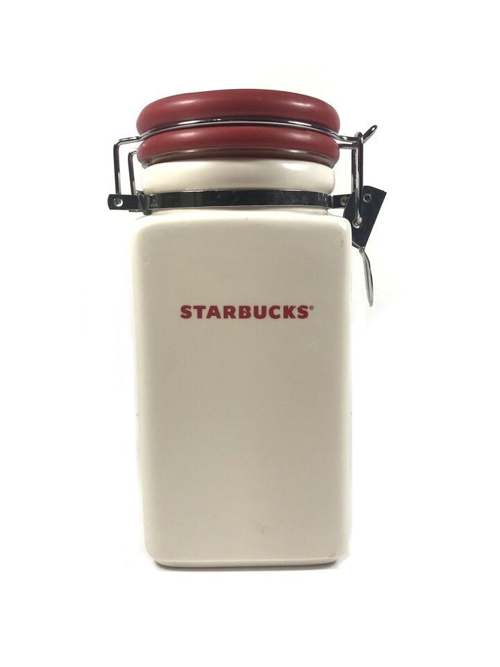 Primary image for Starbucks 2008 Holiday 27oz Ceramic Coffee Canister Red White 7" Tall