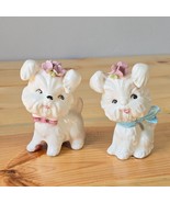 Vintage Dog Salt &amp; Pepper Shakers White Flowers Bows Japan - $21.73