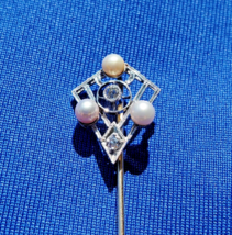 Earth mind Diamond Art Deco Gatsby era Pin Antique Pearl Filigree 14k White Gold - $1,325.25