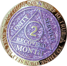 1 2 3 6 9 or 18 Month AA Medallion Reflex Purple Glitter Gold Plated Sobriety Ch - £11.84 GBP