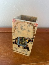 Yellow Gray &amp; Rust Carved Stone Pencil Holder w Painted Asian Elephant  ... - $16.69