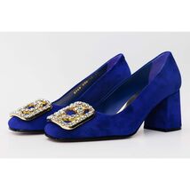 The California Sax Blue Suede Leather Block Heel Pump Women Shoe image 2