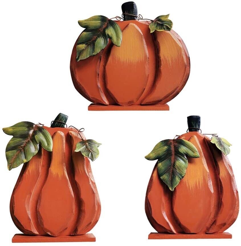 Wood Pumpkin Tabletop Fall Decor Set of 3, Rustic Standing Flat Pumpkin Shelf De
