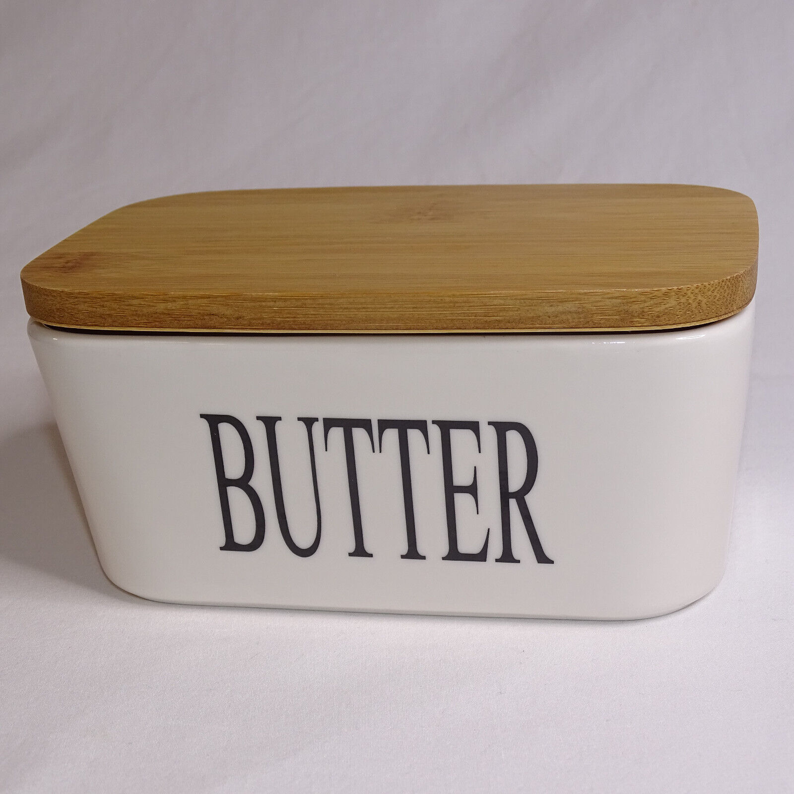Butter Dish With Wood Lid White And Black Letters Ceramic Very Nice Butt... - $10.65