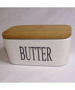 Butter Dish With Wood Lid White And Black Letters Ceramic Very Nice Butt... - $199.54 MXN
