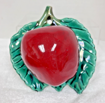 Vintage Pottery Apple on Leaf Wall Pocket Bright Red Green 6 x 6 in Grea... - $29.21