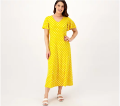 Susan Graver Printed Liquid Knit Flutter Sleeve Midi Dress (Yellow, M) A575912 - £24.08 GBP