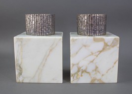 Modernist Plated Bamboo Motif Marble Base Candle Holder Pair Vintage Minimalist - £828.91 GBP