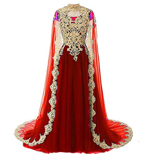 Gold Lace Vintage Long Prom Evening Dress Wedding Gown with Cape Wine Red US 2