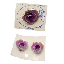 Vintage Hand Painted Enamel Rose Clip-On Earrings &amp; Brooch Set New Old Stock - $26.72