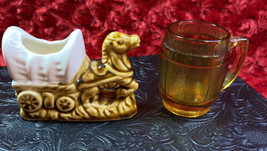 Vintage Toothpick Holders 1 Porcelain Horse &amp; Covered Wagon Also Amber Beer Mug - £9.02 GBP