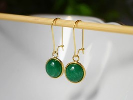 Gold hoop green jade earrings, Green gemstone pendant huggie earrings, Lever bac - £25.44 GBP