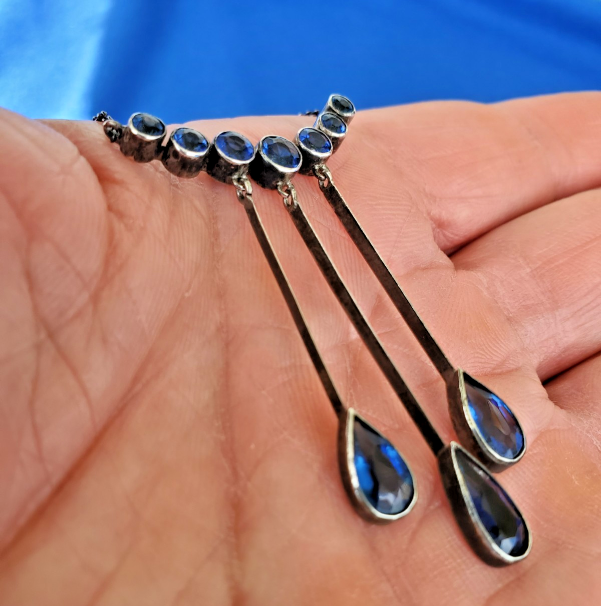 Sterling Silver 925 Deco Modernist Necklace Vintage Sapphire Paste 5.5 ct CHOKER Item image 5