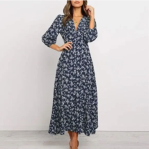 NWT Trendy Boho Style Navy Floral Long Sleeve Tie Button Dress Gypsy Hip... - $28.13