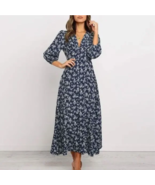 NWT Trendy Boho Style Navy Floral Long Sleeve Tie Button Dress Gypsy Hip... - £22.29 GBP