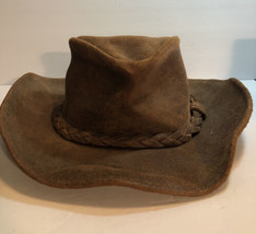 MINNETONKA Suede Leather Outback Hat Size MEDIUM Brown Braid Cowboy Western - £22.02 GBP