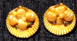 Vintage ART Brushed Gold Sea Shell Clip Earrings Ab Crystal 1950&#39;s Signed - $40.58
