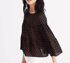 Madewell Women&#39;s Black n Gold Hearts Tiered Crop Back Blouse 100% Silk Sz Small. - £11.82 GBP