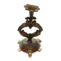 Solid Brass Candle Holder Turtle Base Flower Ornate Anthropomorphic Vintage - £23.84 GBP