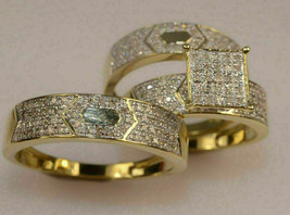 3Ct Round Diamond Wedding Ring His &amp; Her Trio Ring Set 14k Yellow Gold Finish - £158.06 GBP